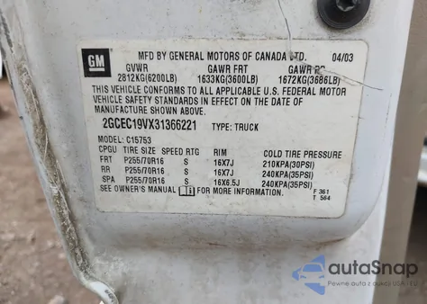 2003 Chevrolet Silverado 1500 Ls z USA, uszkodzony, nr VIN 2GCEC19VX31366221